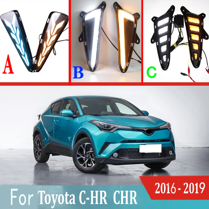 

2 шт. для Toyota C-HR CHR 2016-2019 светодиодный дневные ходовые огни DRL с отверстием для противотуманной фары желтый указатель поворота синий ночной Светильник