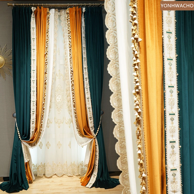 Custom curtain luxury European blue stitching orange high-grade thick velvet  cloth blackout curtain tulle C617