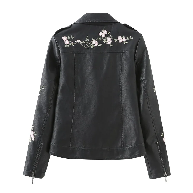 2023 Embroidery Black New PU Motorcycle Jacket Women Korean Biker Faux Leather Coat 7712 KJ4091