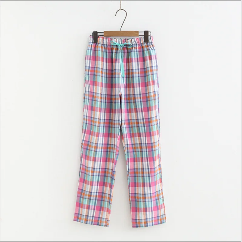 Spring Summer Women 100% Cotton Sleep Bottoms Female Plus Size Home Pants Lounge Wear Trousers Casual Plaid Pajama Pants