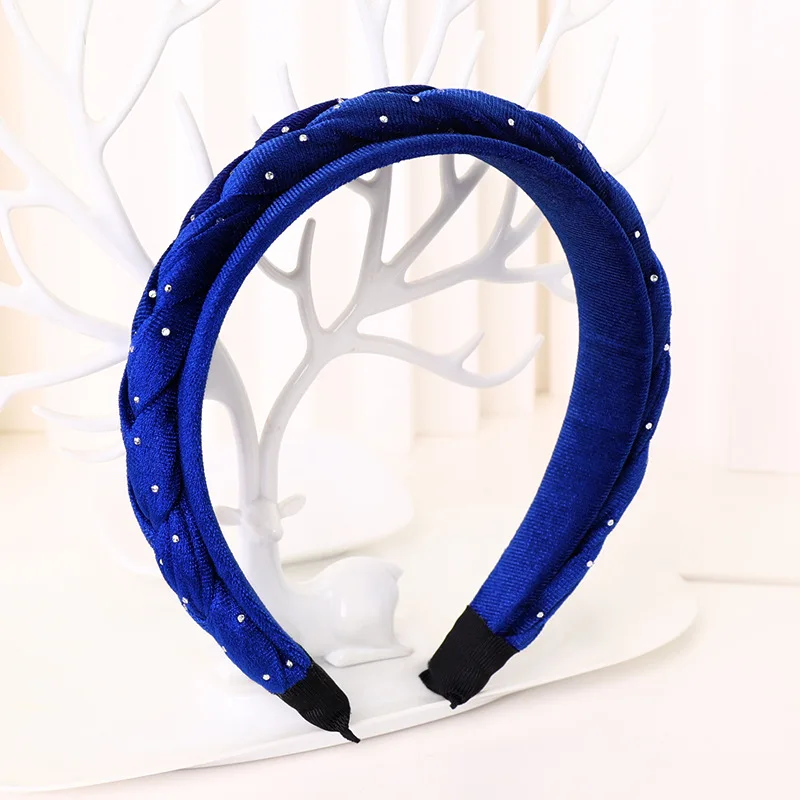 Royal Blue Velvet Braided Headband Rhinestones Decorated Elegant Padded Hairband Ponytail Hair Ornament Wide Head Band Solid