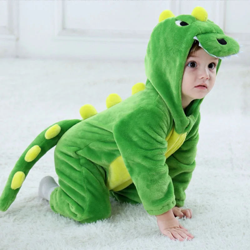 Hot Baby Animal Green Dinosaur Pajamas Long Sleeve Cute Anime Rompers Hooded For Boys Girls Fantasia Warm Cotton Winter Clothes