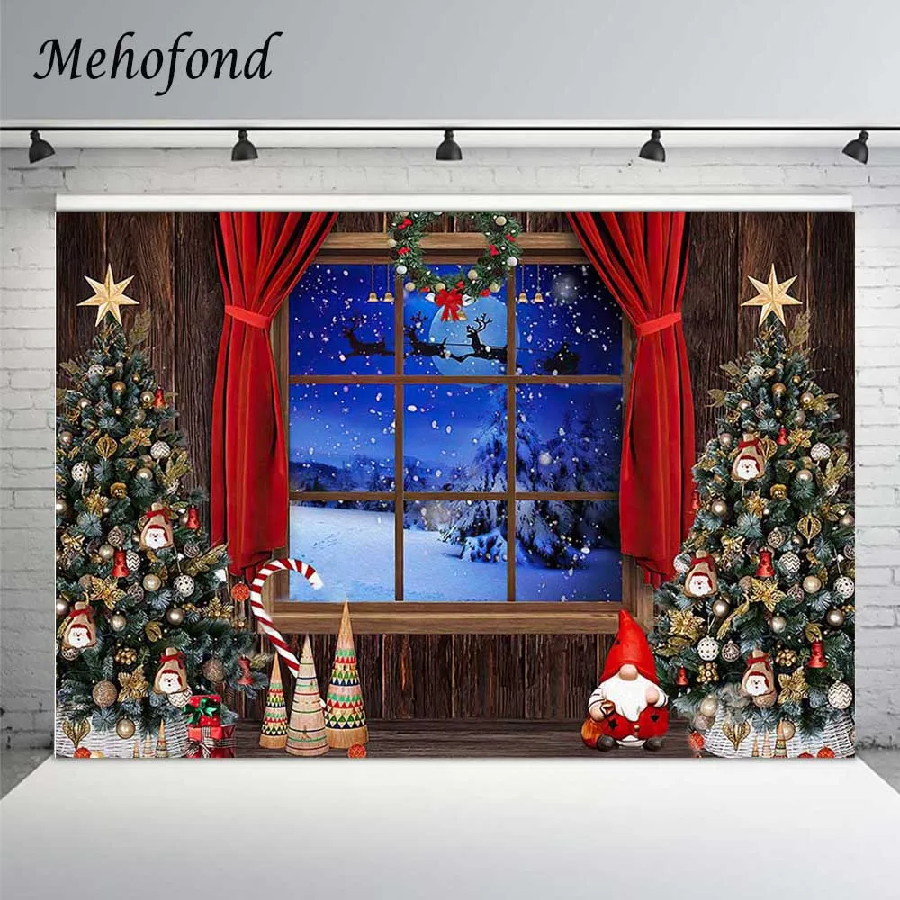 

Winter Christmas Tree Window Scenery Photo Background For Photography Studio Red Curtain Santa Reindeer Portrait Backdrop Decor