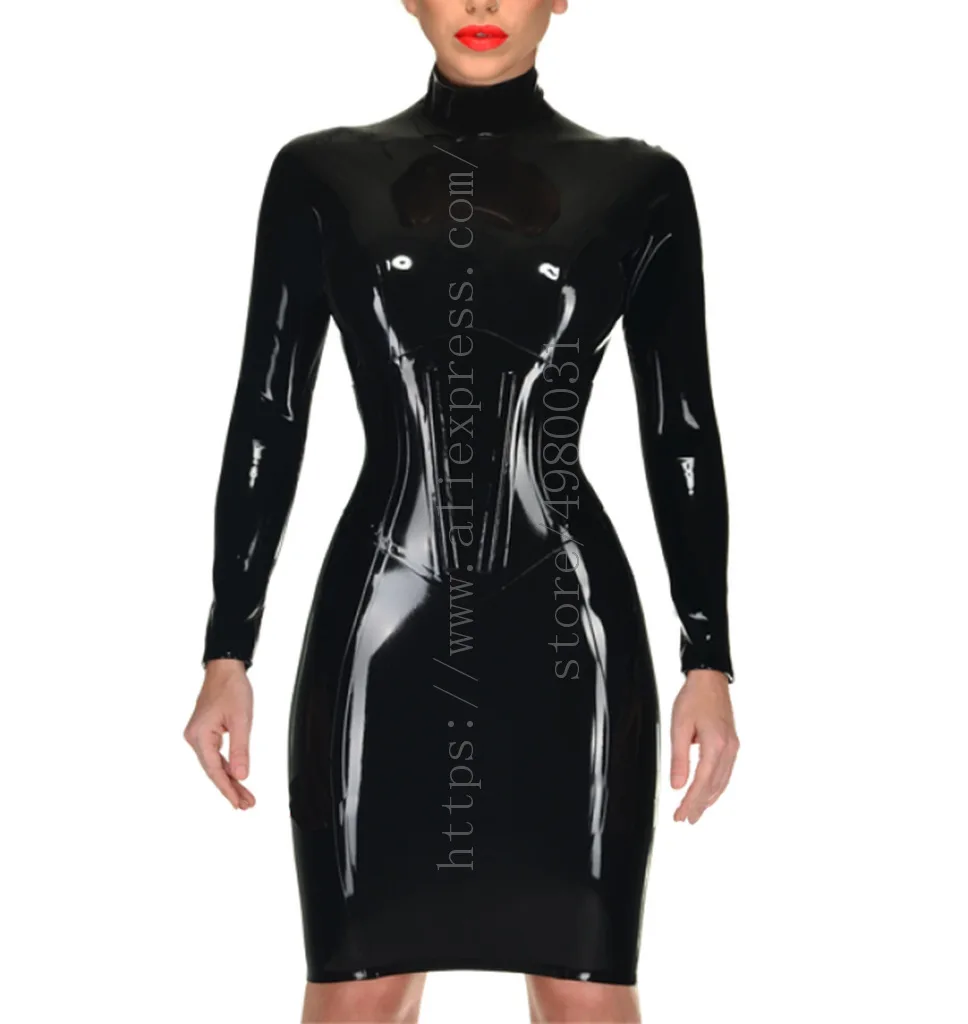 Made of 0.4mm thickness natural & flexible women's black latex bondage dress with 100% handmade crafts