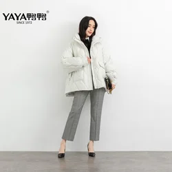 YAYA 2021 Winter Women's New Short 90% Puffer Duck Down JacketThick Stand Collar Casual Zipper Button Outerwear Over Padded Coat