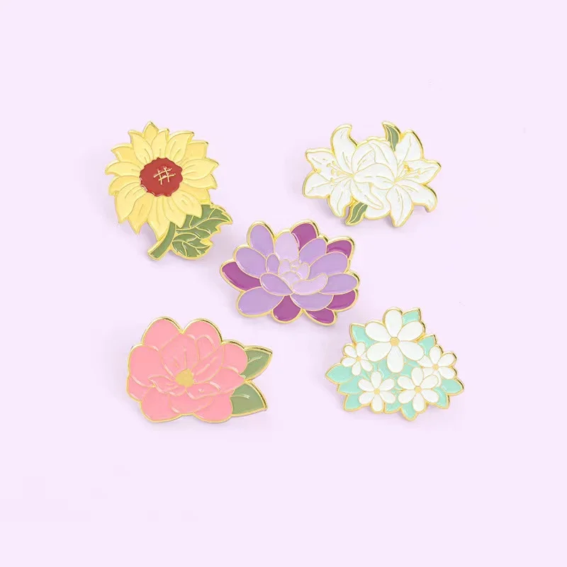 Custom Cartoon Flower Enamel Pin Peony Sunflower Lily Daisy Succulents Brooches Hat Bag Badges Jewelry Gift for Friend Wholesale