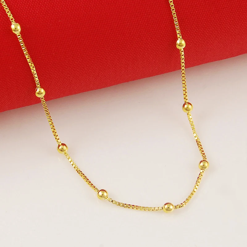 New Genuine 24K Gold Necklace Plating Gold 45CM Box Chain Beaded Necklace Short Chain for Woman Charm Jewelry