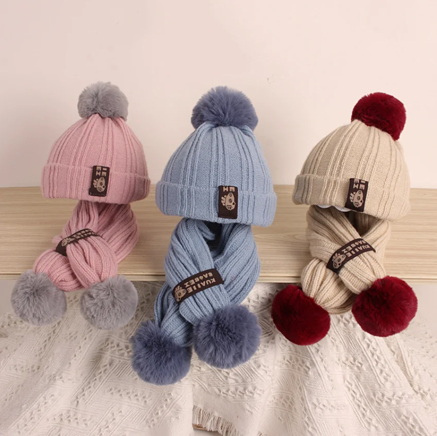 

Autumn Winter Children Scarf-collar Boys Girls Warm Beanies Caps Scarf Sets Fashion Cotton Baby knit Hat Scarf