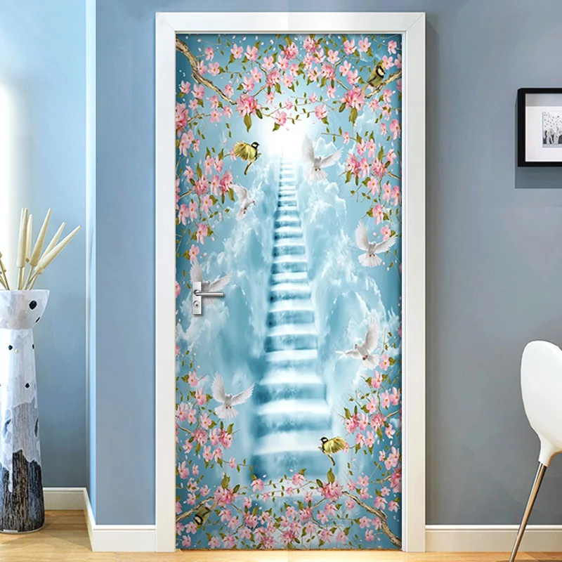 

PVC Waterproof Self-adhesive 3D Door Sticker Cloud Ladder Flowers And Birds Wallpaper Living Room Door Decor Wall Sticker Decal