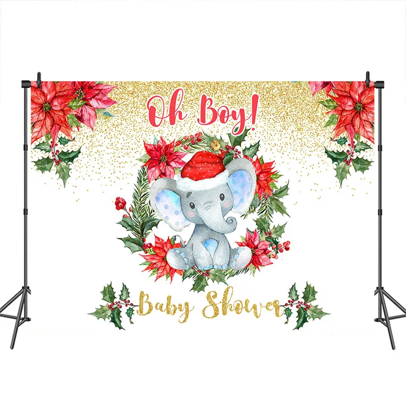 

Oh Boy Baby Shower Backdrop for Photography Baby Elephant Wreath Red Flower custom background photocall photo studio photobooth