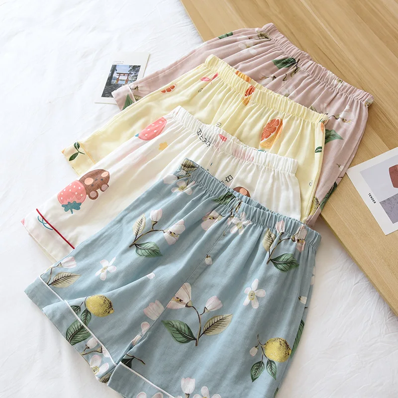 Summer 100% Cotton Home Pants Womens Shorts Gauze Pajamas Loose Soft Comfortable Sleep Bottoms Elastic Waist Print Sleepwear