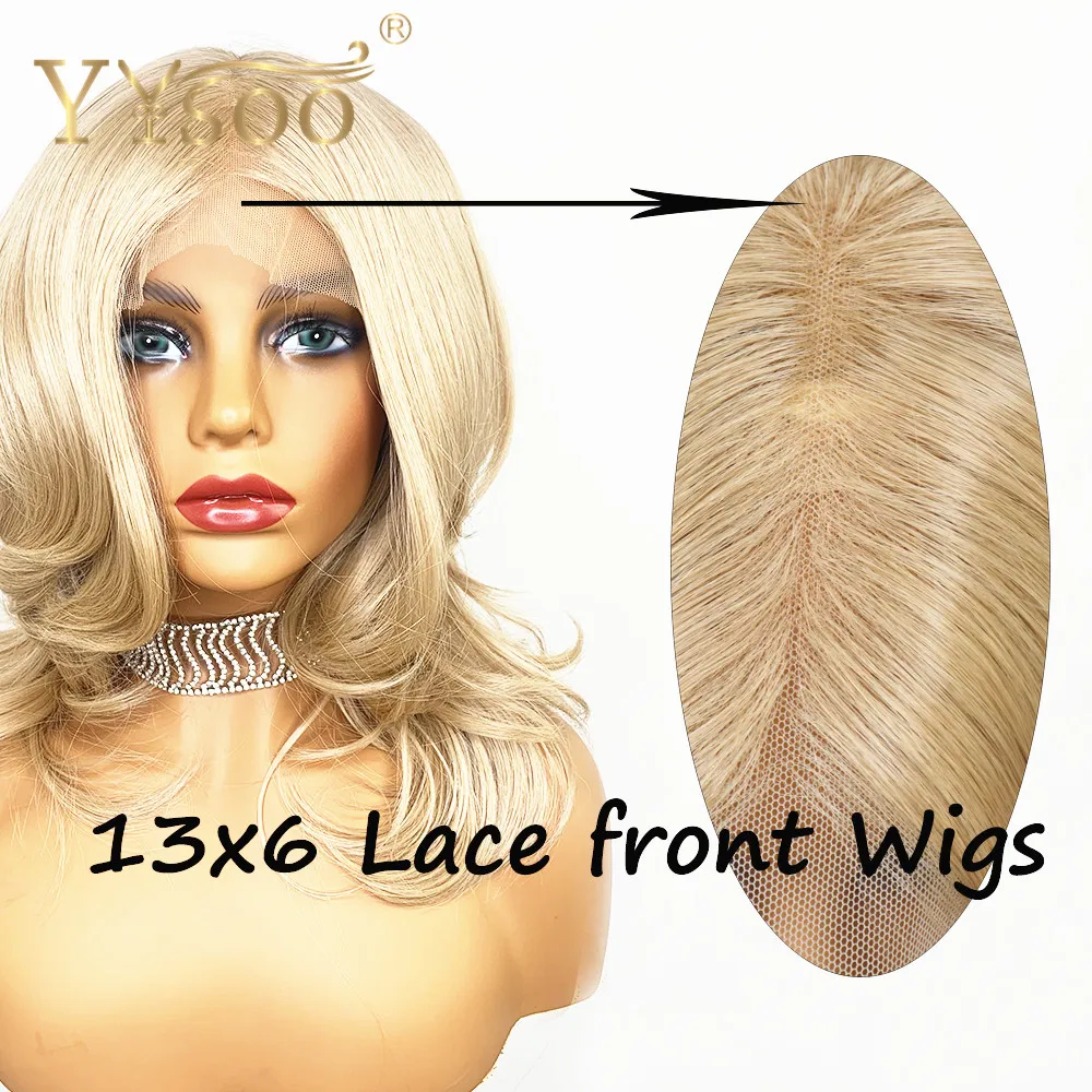 Yysoo 13X6 Synthetische Lace Front Pruik Korte Golf Blonde Lijmloze Pruik Futura Japan Hittebestendige Vervanging Pruik 103 Kleur 14inch