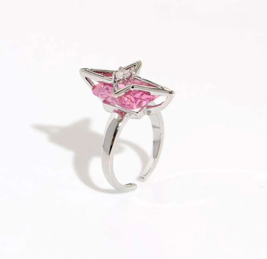 Geometric hollow star pink square rhinestone gem design fashion trend ring chic girls summer blogger ins finger ring