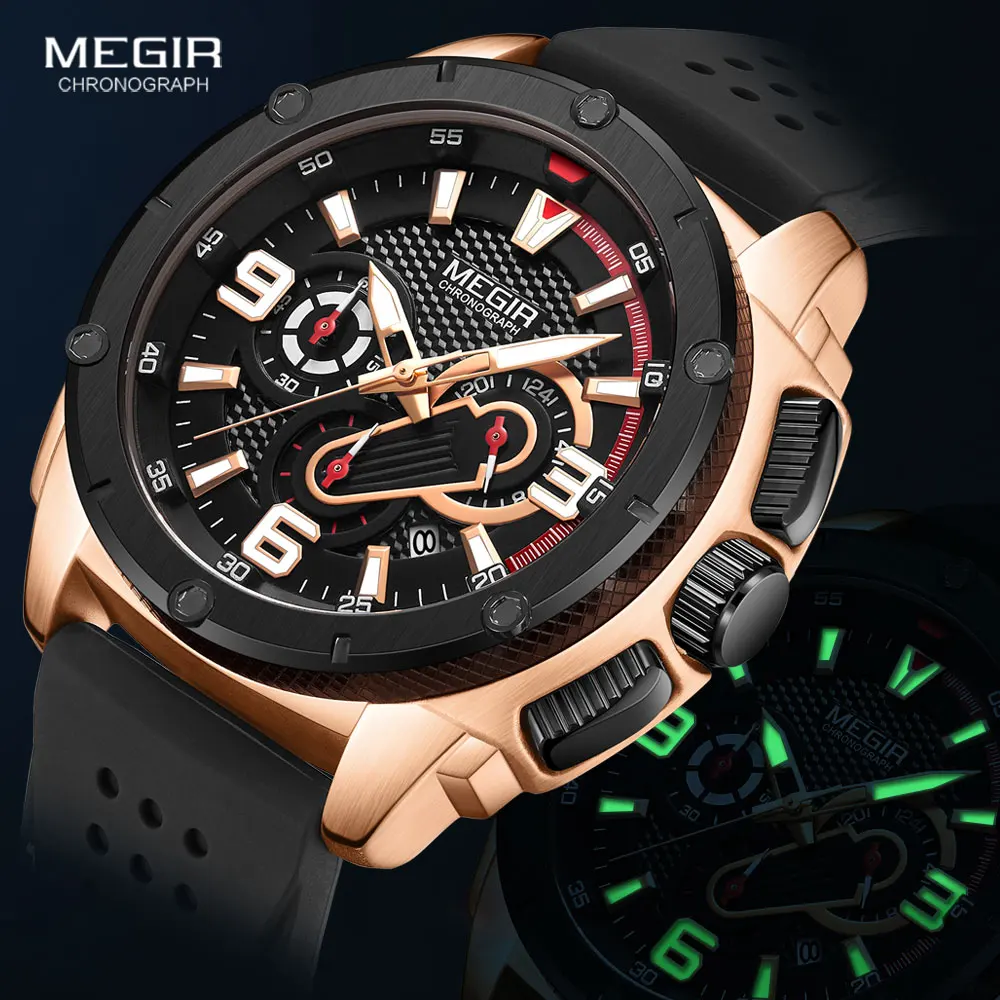 MEGIR Men\'s Chronograph Quartz Watches 2020 Luxury Top Brand Military Sport Wristwatch Silicone Strap Waterproof Watches Men