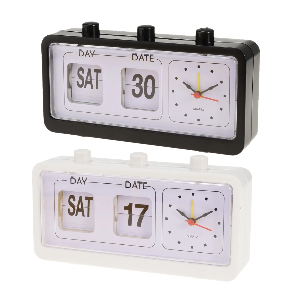 Retro Table Auto Flip Clock Non-ticking Calendar Clock with Day Date Display