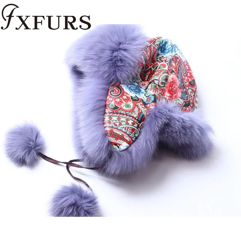 

FXFURS 2020 Winter Women Fox Fur Hats with Flower Tops Leather Bomber Leifeng Caps Earmuffs Trapper Earflaps Snow-skiing Hats