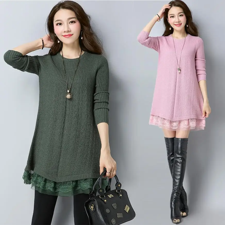 Fall/Winter 2025 New Women's Lace Stitching Sweater Dress Solid color Loose Long-sleeved Pullovers Fashion Female Knit Sweaters