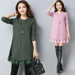Fall/Winter 2026 New Women's Lace Stitching Sweater Dress Solid color Loose Long-sleeved Pullovers Fashion Female Knit Sweaters