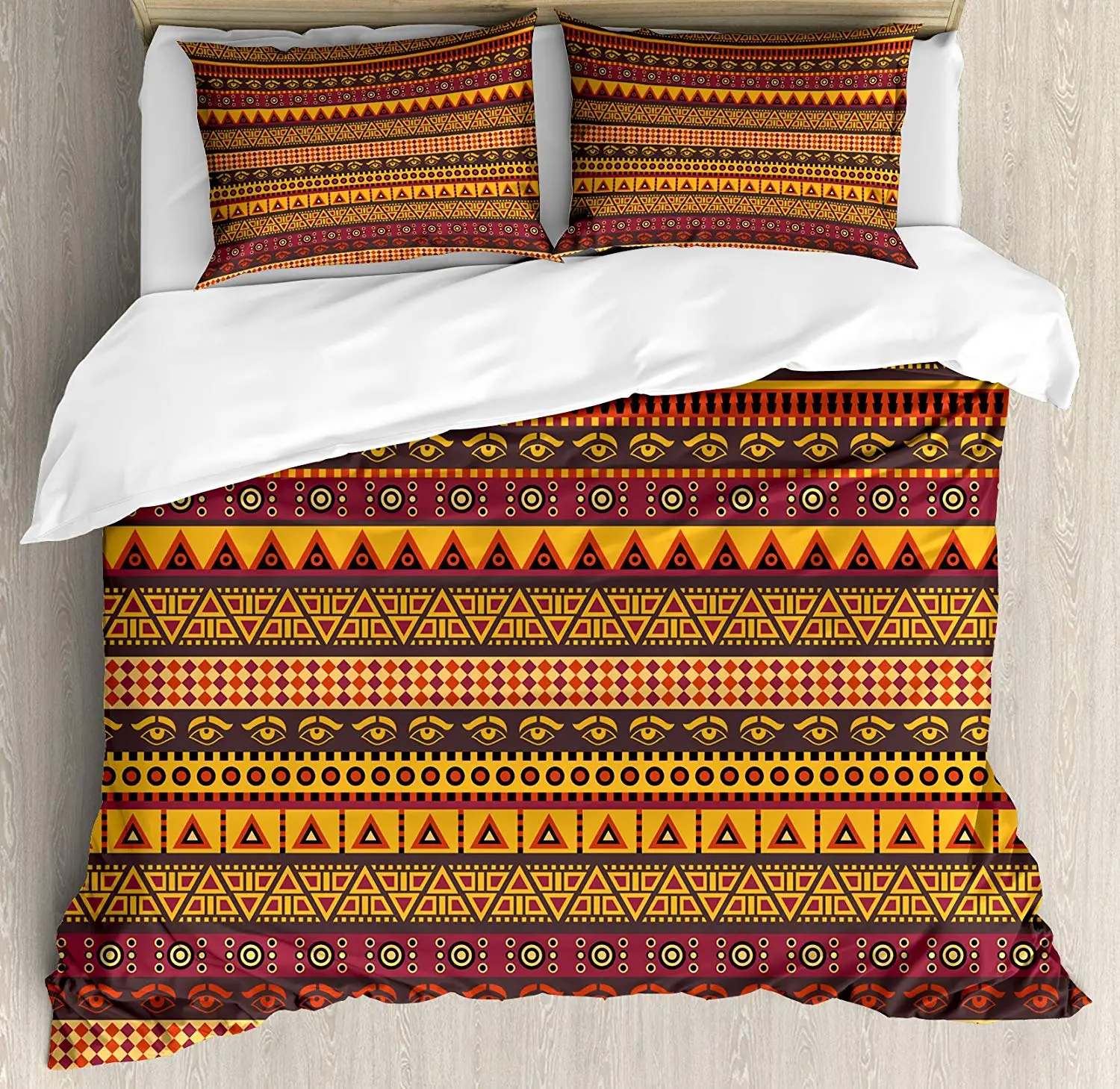 African Duvet Cover Set Exotic Culture Folkloric Eye Triangle Rhombus and Diamond Shapes Ethnic Decorative 3 Piece Bedding Set