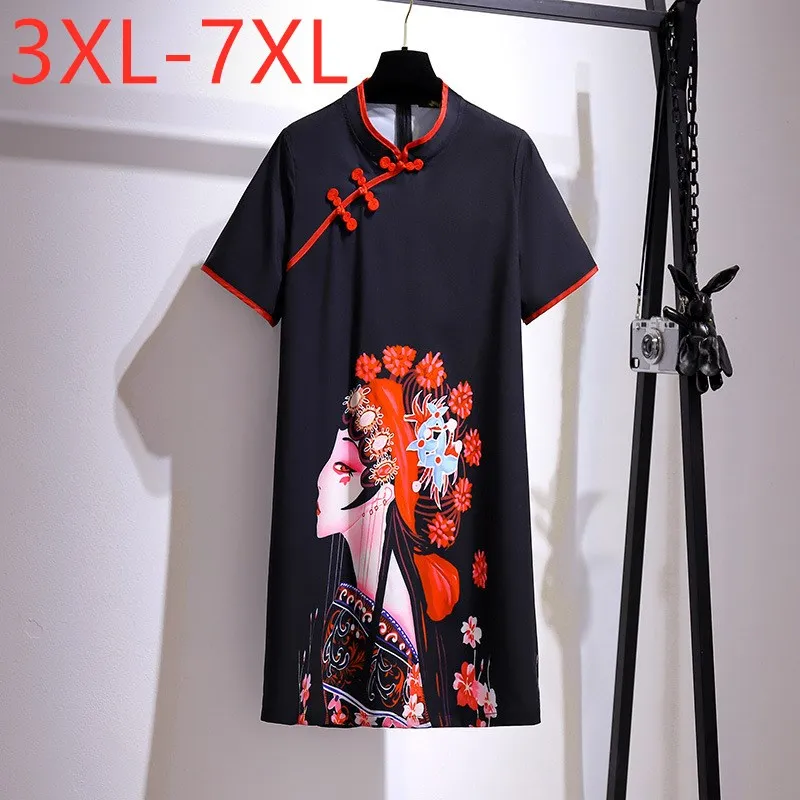 

New 2021 Ladies Summer Chinese Style Plus Size Dresses For Women Large Short Sleeve Loose Print Mini Dress 3XL 4XL 5XL 6XL 7XL