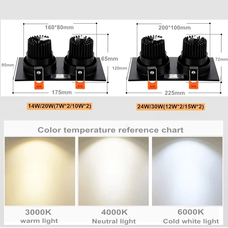 1PCS Double Square Dimmable LED Downlight COB Ceiling Spot Light 14W/20W/24W/30W Recessed Indoor Lighting for Home