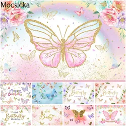 Fondo de cumpleaños de mariposa para niñas, Fondo de fotografía de Hada, Princesa, púrpura, rosa, Floral, dorado, decoración de pancarta de mesa de pastel para niños