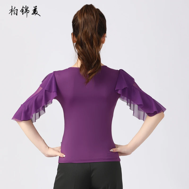 Camisa de baile latino para mujer adulta, traje de actuación de baile moderno, competición estándar nacional, cuello en V, manga de loto, competición