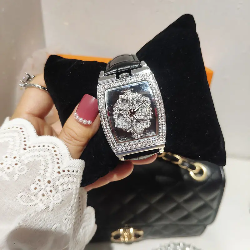 High Quality Fashion Square Women Watches With Rhinestone Spinning Diamond Face Ladies Watch Quartz Fashion Watch Women MBT004