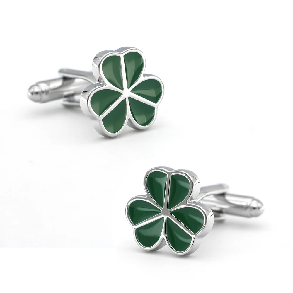 Free Shipping Men\'s Lucky Clover Cufflinks Leaf Design Green Color Quality Copper Cuff Links Wholesale&retail