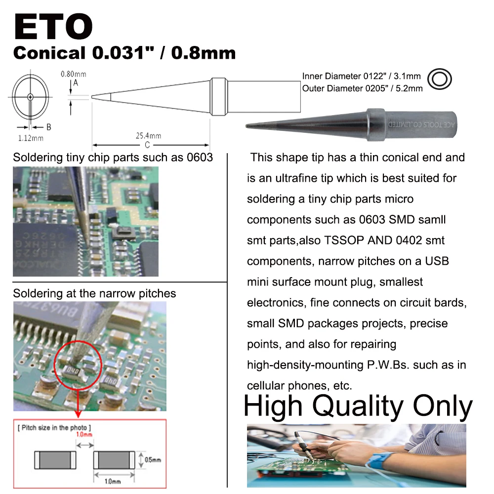 Наконечник для паяльника ETO, конический, 0,8 мм, подходит для WELLER WES51 WES50 WESD51 WE1010NA WE1010EU PES51 PES50 LR21 LR20