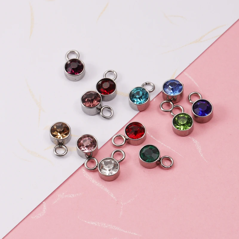 Fnixtar 60Pcs/Lot Birthstone Charms Round 6mm Rhinestones Charms DIY Making Bracelet Necklace Jewelry Stainless Steel Charms