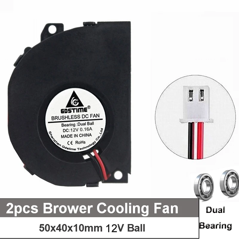 Gdstime 2pcs Fan Cooler 12V 50mm Turbo Turbine Fan 50x10mm 5010 Ball Bearing For 3D Printer Cooling Fan