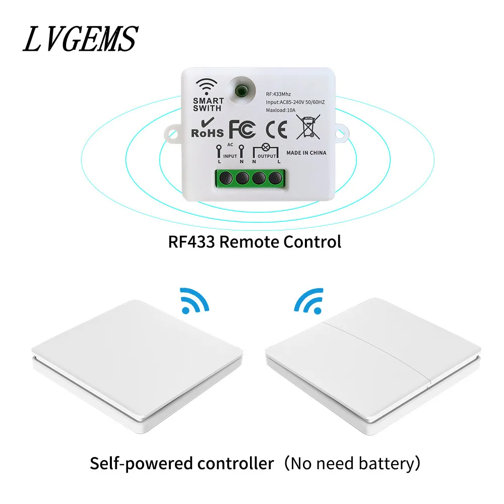 무선 자체 전원 스위치 가정용, 220V 원격 제어, 푸시 버튼 스위치, 1 방향 2 방향 패널, 배터리 없음, 방수 