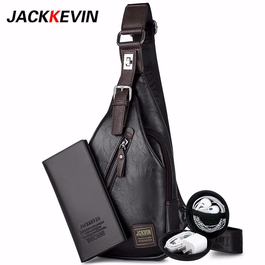 

JackKevin Men's Fashion Crossbody Bag Theftproof Rotatable Button Open Leather Chest Bags Men Shoulder Bags Chest Waist Pack