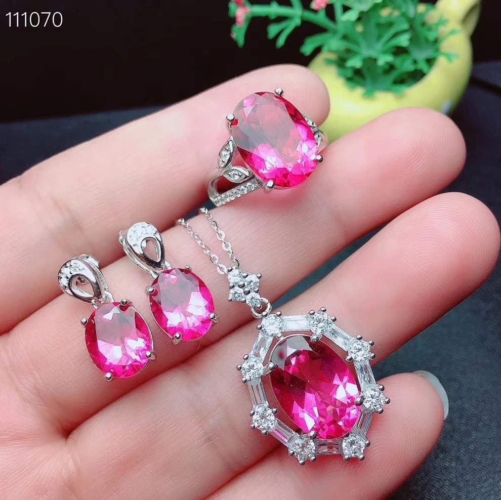 Kjjeaxcmy Mỹ Trang Sức Hồng Tự Nhiên Topaz Bạc 925 Nữ Mặt Dây Chuyền Bông Tai Vòng Cổ Bộ Nhẫn Hỗ Trợ Kiểm Tra Thời Trang