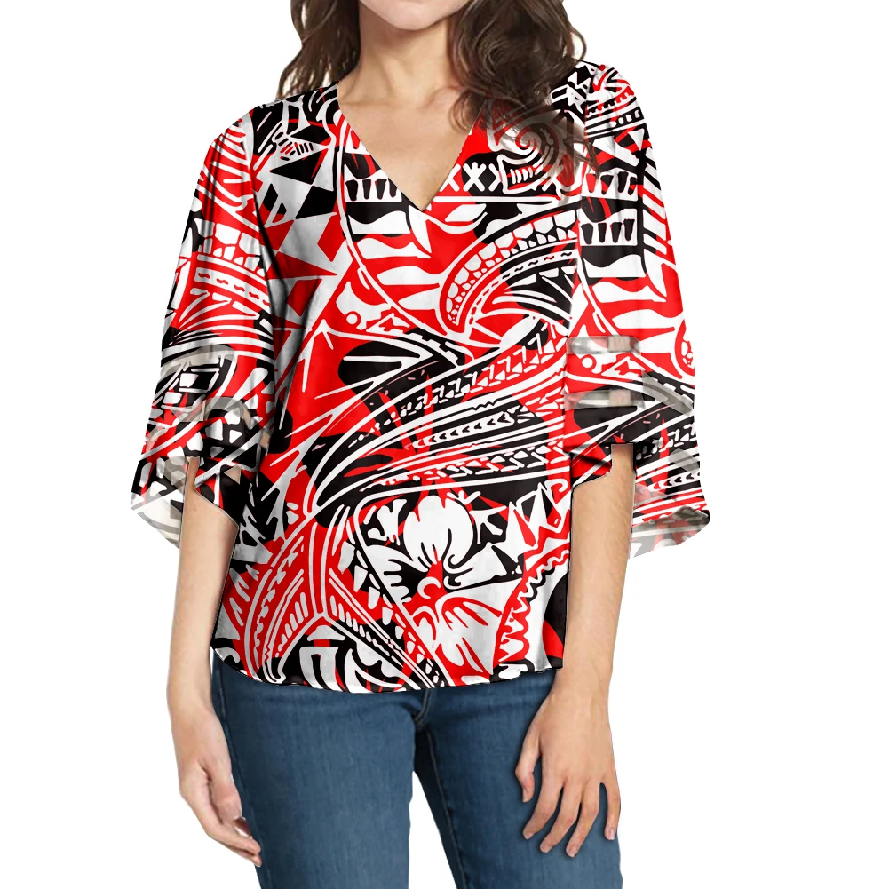 

Polynesian Tribal Style Custom Fashion Chiffon Print Chiffon Floral Printed V- Neck Casual Tops Clothes For Women Summer