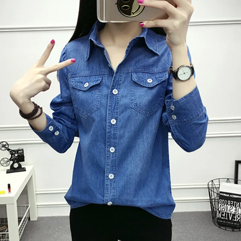 UHYTGF Large Size Denim Shirt Tops Women Spring Blouses Jacket For Women Thin Jeans Coat Long Sleeve Fashion Female Clothing 156