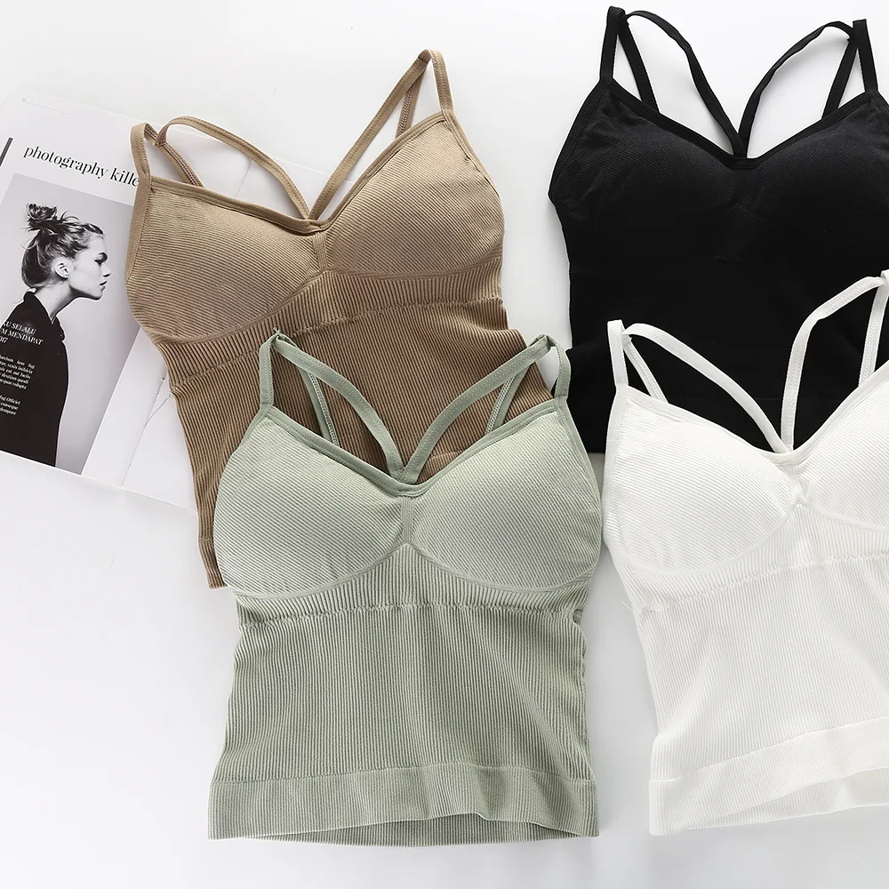 Crop Top Women Tank Top Seamless Underwear Sexy Lingerie Wireless Top Female Deep V Removable Pad Camisole