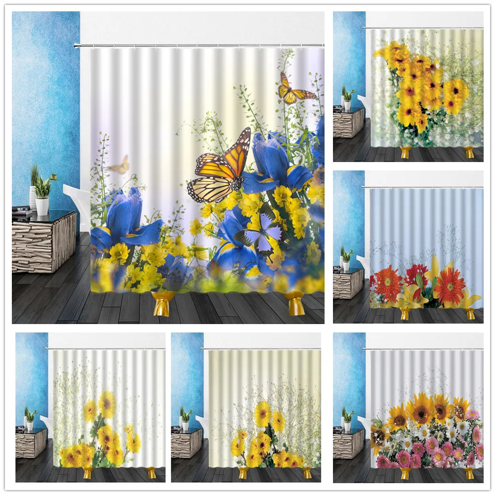 Bestselling 3D Spring Flowers Shower Curtain Set Hook Colorful Bouquet Flower Butterfly Home Decoration Bathroom Cloth Curtains