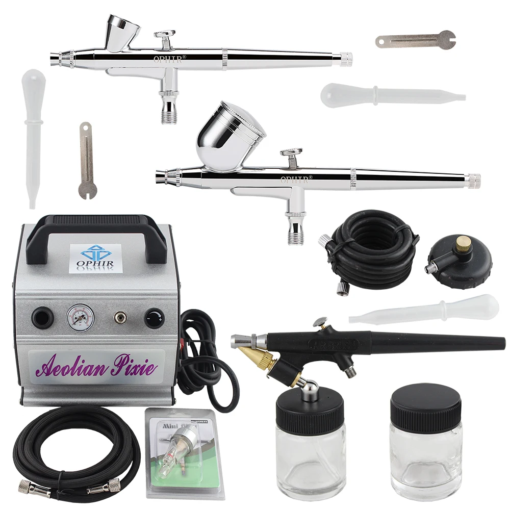 OPHIR Pro 3 Airbrush Guns with Air Compressor Kit for Model Hobby Body Tattoo Nail Art Paint Cake Airbrush _AC088+004A+071+073