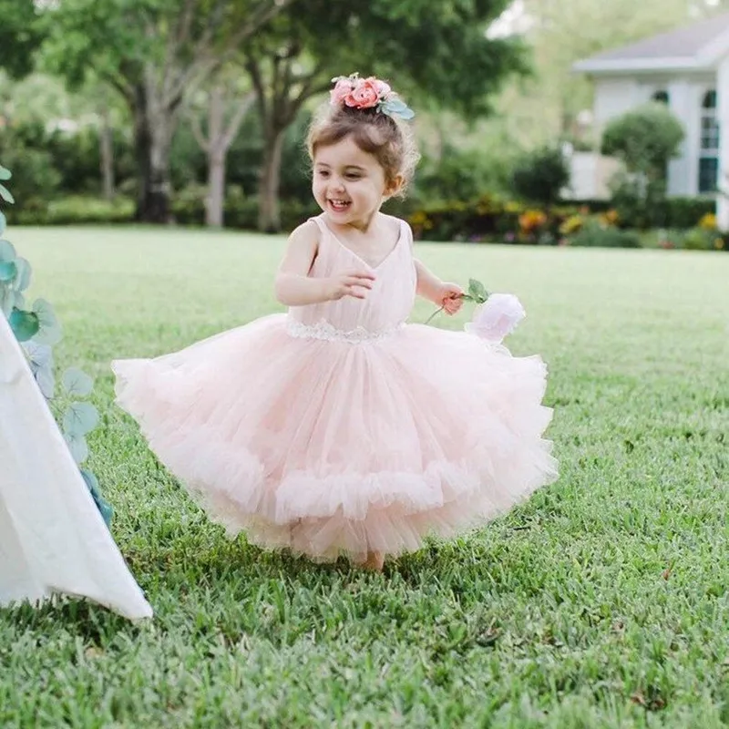 Pageant Flush Pink Flower Girls Dresses Lovely Jewel Tulle with Lace Custom Made Girls Formal Wedding Gowns Kids Birthday Wear