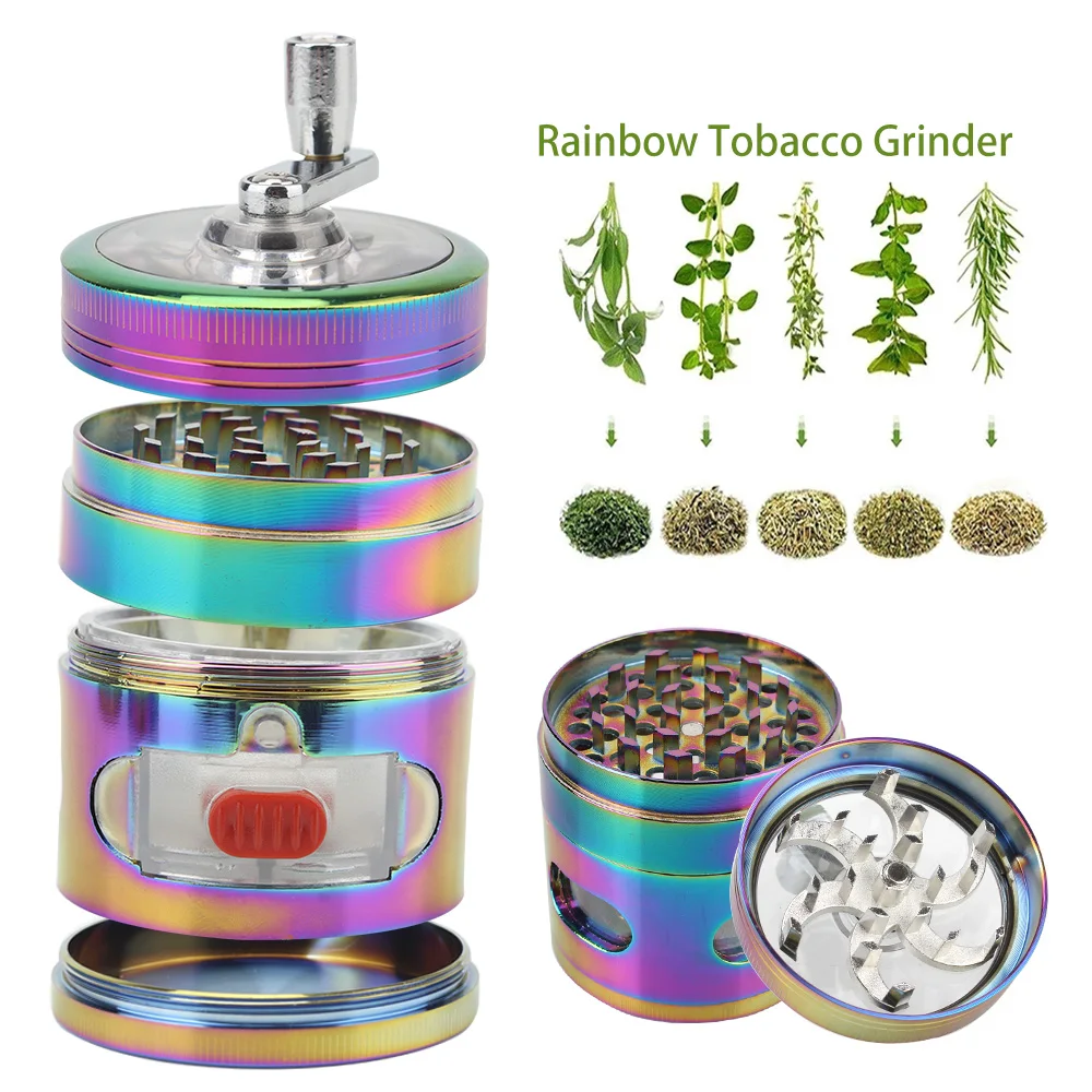 4 Layers Tobacco Grinder With Drawer Herb Grass Smoke Crusher Hand Cranked Clear Top Crank Pollinator Spice Grinders