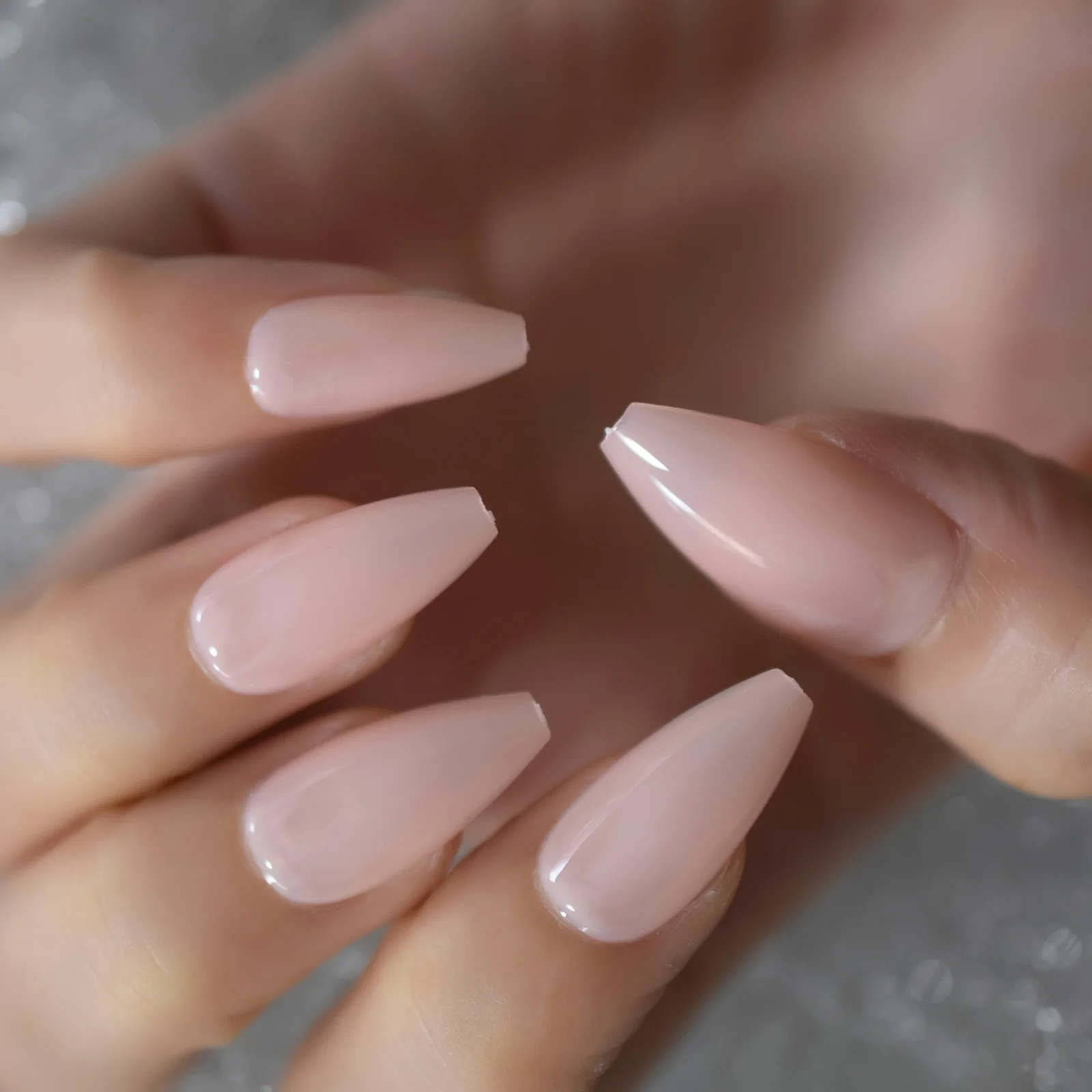 Glossy Gel Nude Pink Full Cover Press On False Nails Medium Coffin Ballet Solid Color Fake Nails Set Long Nail Tips