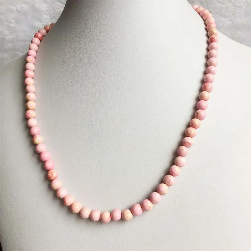 6/8/10MM Round Pink Sea Sediment Turquoise Necklace Natural Stone Chocker Beaded Mother Daughter 35/40/45/50/55cm