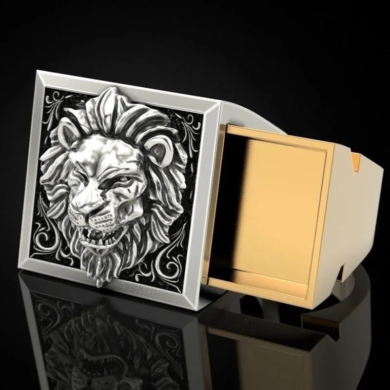 Domineering Two Tone Lion Ring Secret Compartment Memorial Souvenir Cinerary Casket Coffin Anniversary Ring Male Punk Jewelry