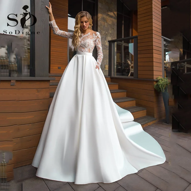 SoDigne EINE Linie Hochzeit Kleid Mit Taschen Spitze Volle Hülsen Satin Einfache Brautkleider Frauen Elfenbein Moderne Mode Braut Kleid