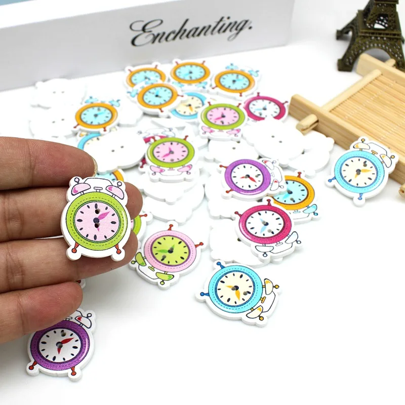 50pcs/lot  clock Wooden buttons Painting Cartoon Buttons sewing accessories For Decorative Crafts DIY Accessories Scrapbook