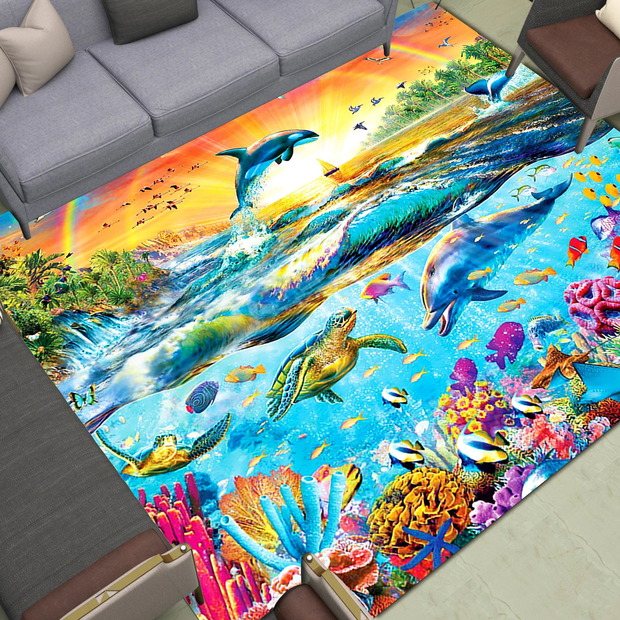 Cartoon Fish Area Rugs Sea World Home Door Living Room Bed Carpet Decor Print Corals Jumping Dolphin Floor Mat Sunshine Rainbow