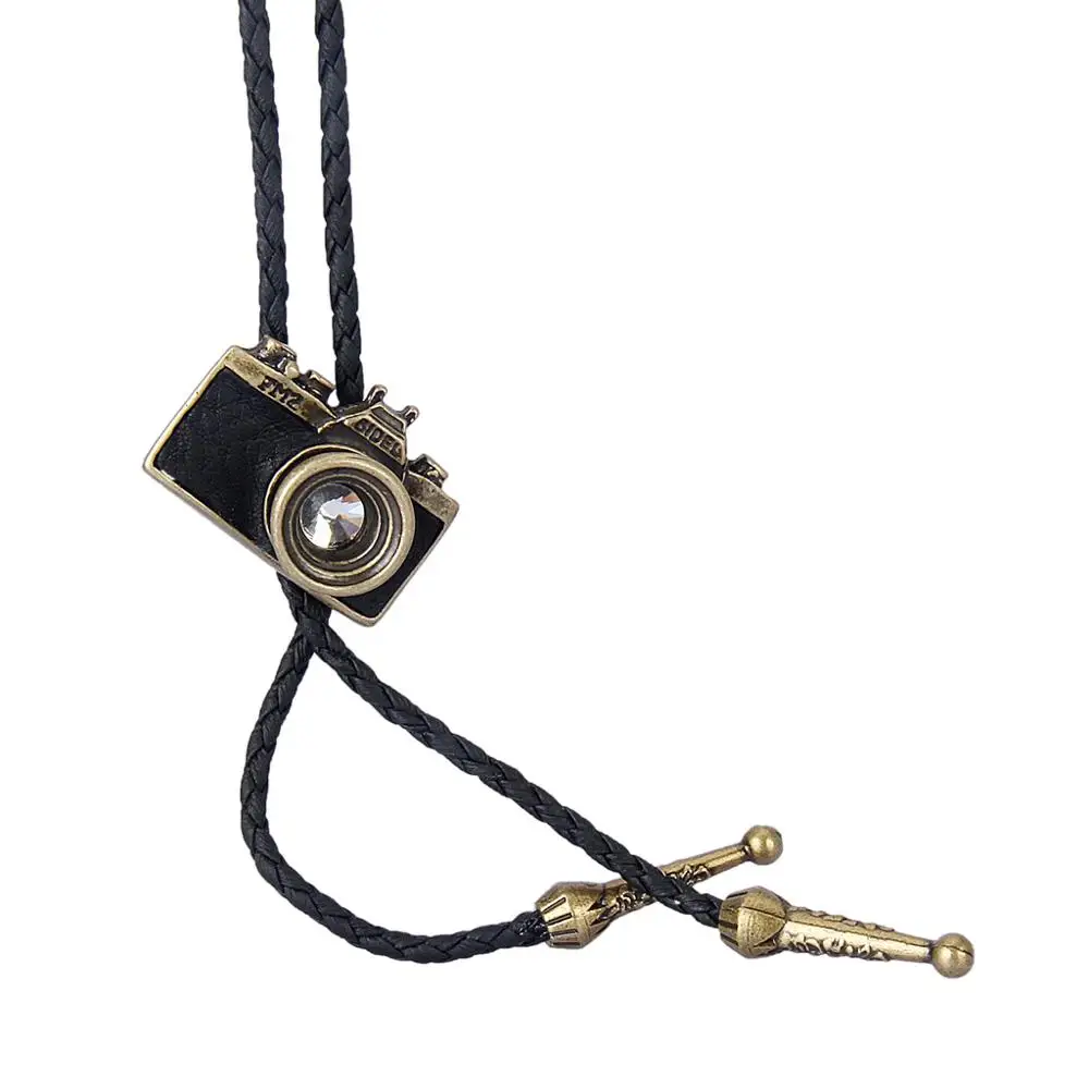 Bolo tie European and American men's and women's necklaces handmade original jewelry old alloy leather camera braided long neckl