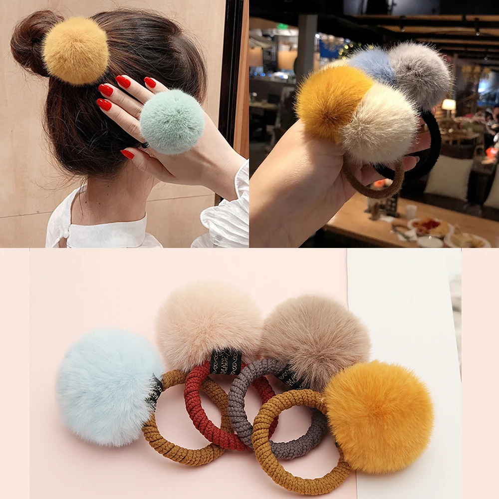Kobiety Miękkie futro Cukierki Kolorowe futro Piłka Pierścionek do włosów Sznur do włosów Pom Pom Moda Scrunchies Gumki Dzieci Dziewczyny Akcesoria do włosów